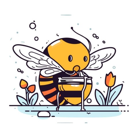 Bee with honey and tulip. Vector illustration in flat style.