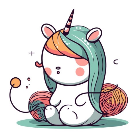 Cute cartoon unicorn with ball of thread and knitting needles. V