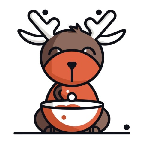 Cute reindeer with a bowl of milk. Vector illustration