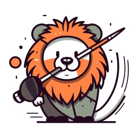 Cute cartoon lion with a spear in his hand. Vector illustration.