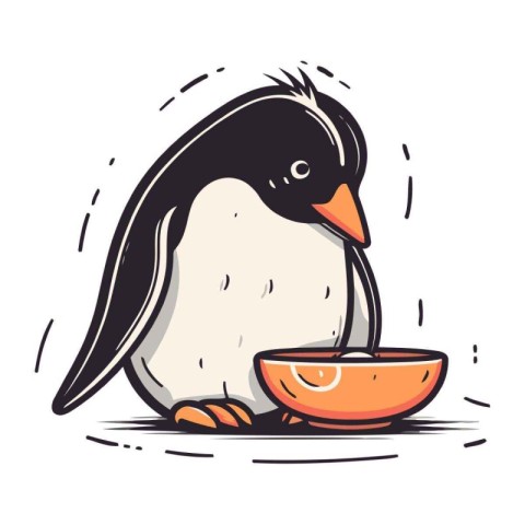 Cute penguin with orange in its beak. Vector illustration.