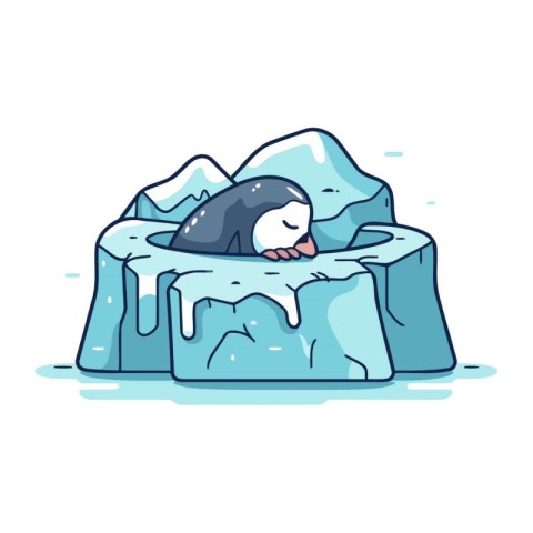 Cartoon penguin sleeping on a piece of ice. Vector illustration.