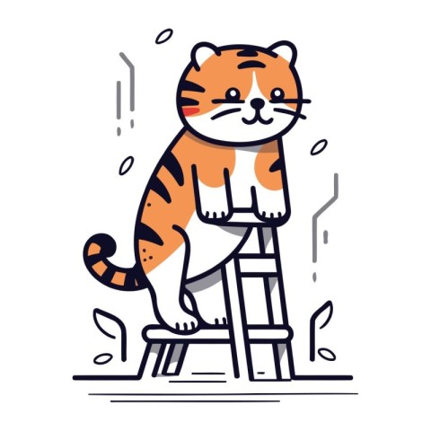 Cute tiger sitting on a ladder. Vector illustration in linear st