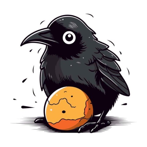 Crow with an orange in its beak. Vector illustration.