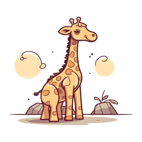 Cute cartoon giraffe standing on the rock. Vector illustration.