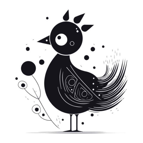 Black and white vector illustration of a cute cartoon chicken wi