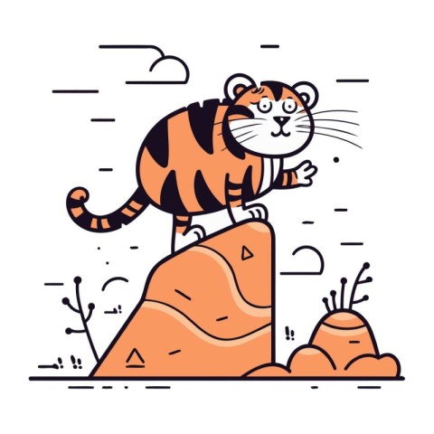 Cute tiger standing on the rock. Vector illustration in flat sty