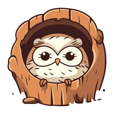 Cute cartoon owl in a wooden birdhouse. Vector illustration.