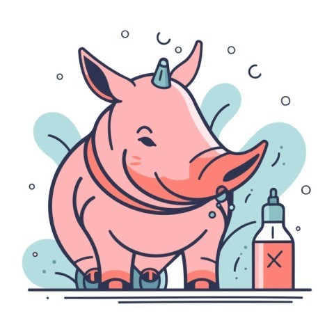 Vector illustration of cute pig with bottle of water. Line art s