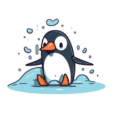 Cute cartoon penguin sitting on the ice. Vector illustration.