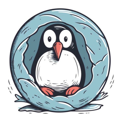 Cute penguin in a hole. Vector illustration in cartoon style.