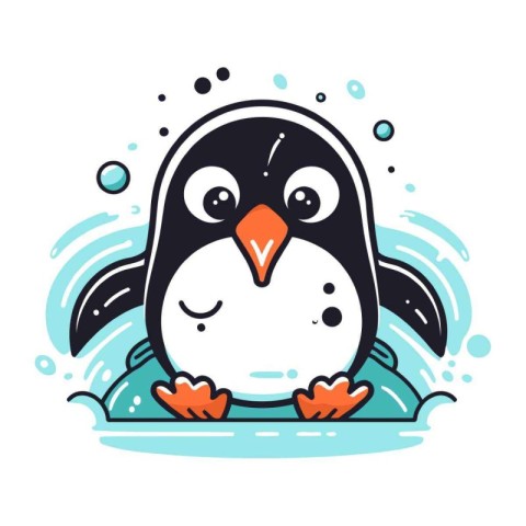 Cute penguin in water. Vector illustration in cartoon style.