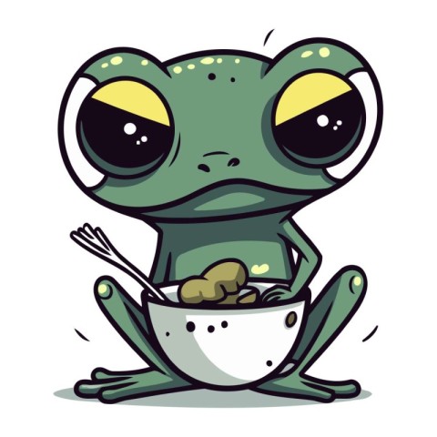 Frog eating a bowl of food. Vector illustration isolated on whit