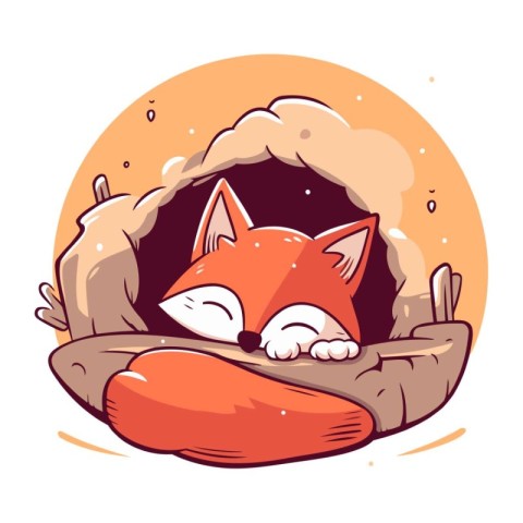 Cute cartoon fox sleeping in a hole in the ground. Vector illust