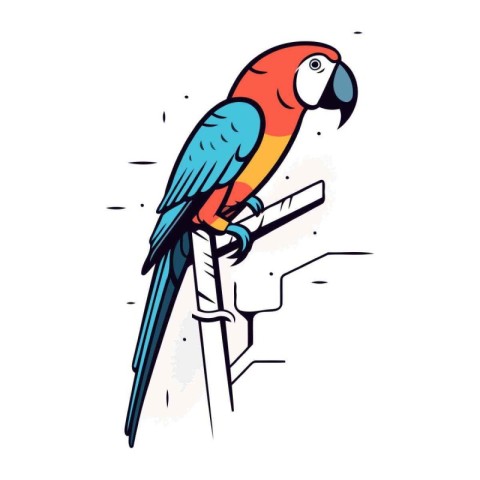 Parrot sitting on a perch. Hand drawn vector illustration.