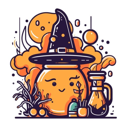 Cute Halloween witch cauldron with potion. Vector illustration i