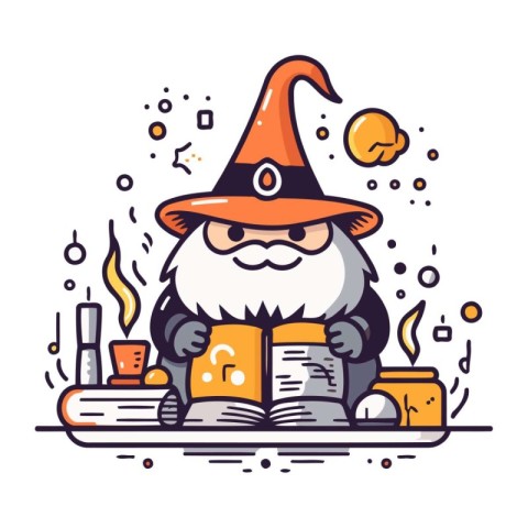 Cartoon wizard reading a book. Vector illustration in a flat sty