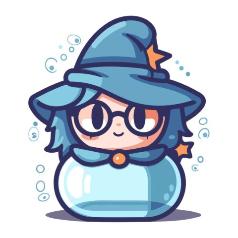 Cute little witch in a hat and glasses. Vector illustration.