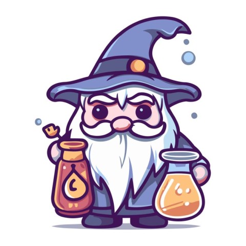 Cartoon illustration of cute wizard with magic potion. Vector il