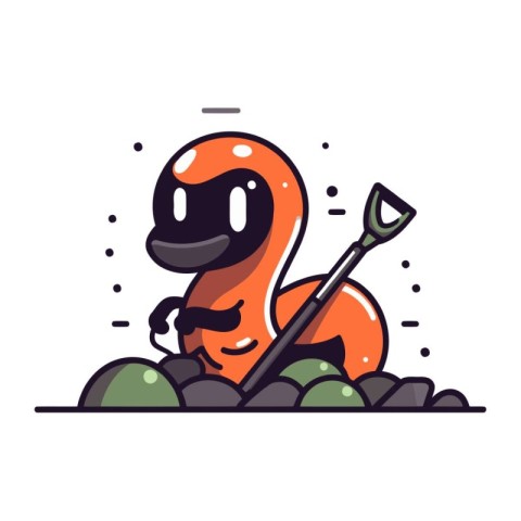 Funny cartoon monster character with shovel. Vector illustration