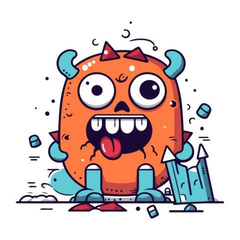 Funny cartoon monster with sharpening pencils. Vector illustrati