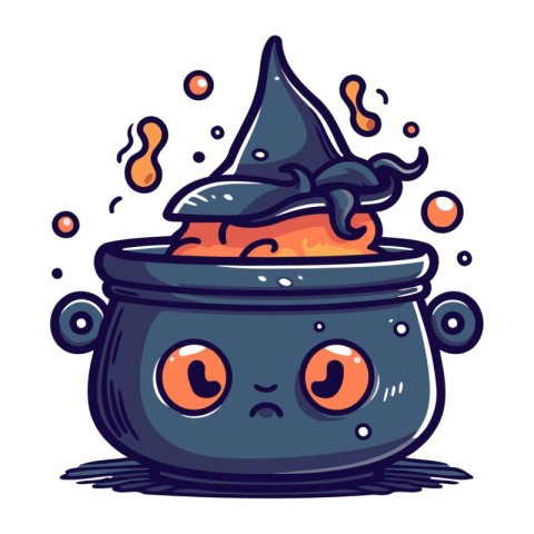 Cute cartoon Halloween witch cauldron with potion. Vector illust