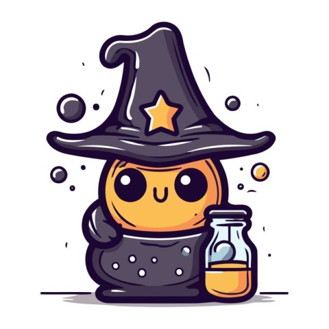 Halloween pumpkin in witch hat and magic potion. Vector illustra