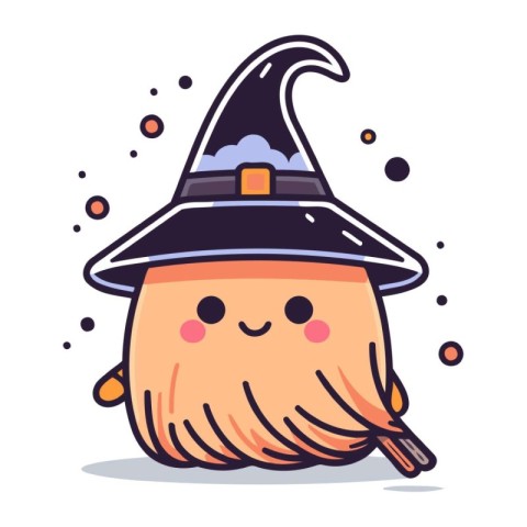 Cute happy Halloween witch with hat and broomstick. Vector illus