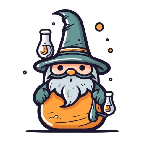 Cartoon funny wizard with magic potion. Vector illustration. Wit