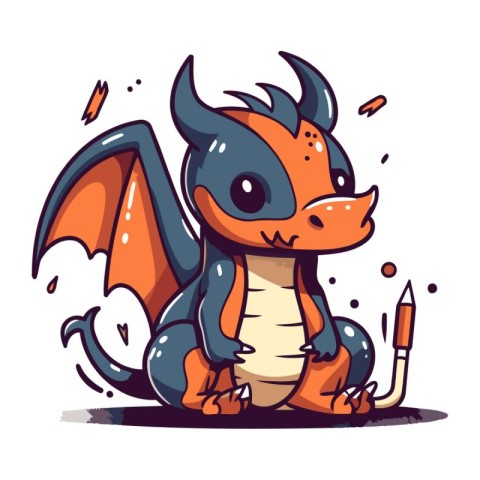 Cute cartoon dragon with a pencil. Vector illustration isolated