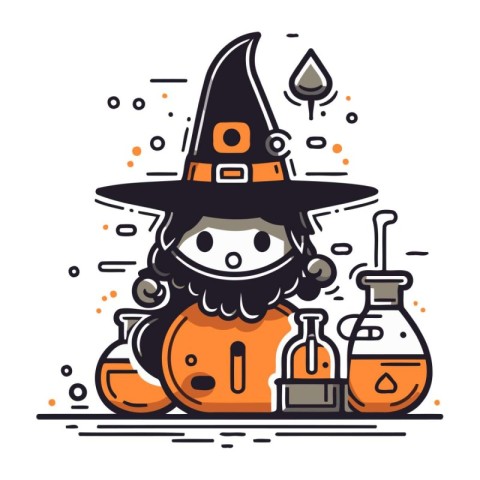 Cute cartoon witch with potion. Vector illustration in line styl