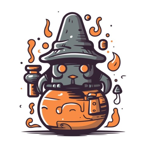 Cute black witch in a hat and a pot of potion. Vector illustrati