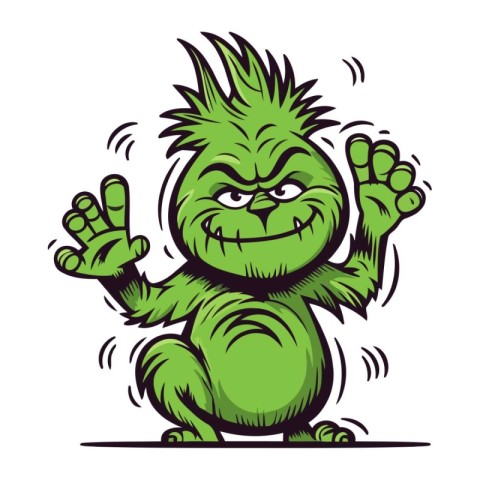 Cartoon green monster with hands up. Vector illustration isolate