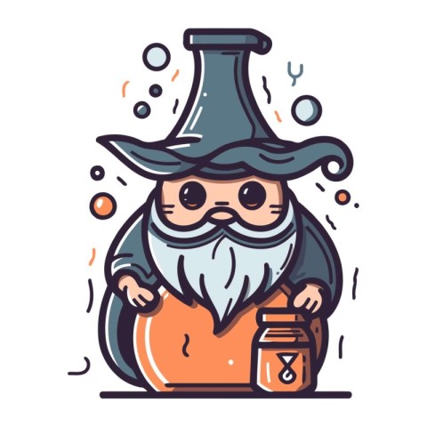 Cartoon wizard with a jar of potion. Vector illustration in a fl