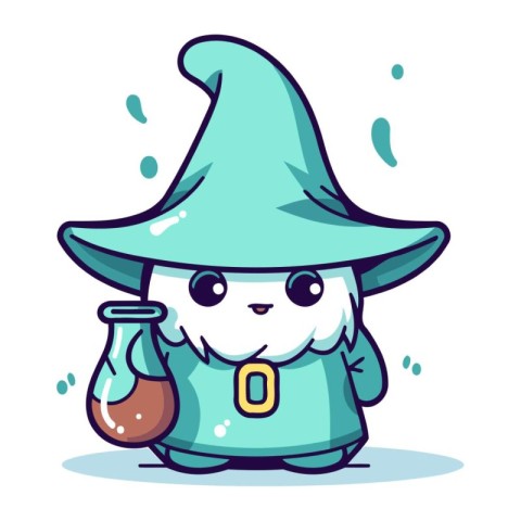 Cute cartoon wizard with a potion in his hand. Vector illustrati