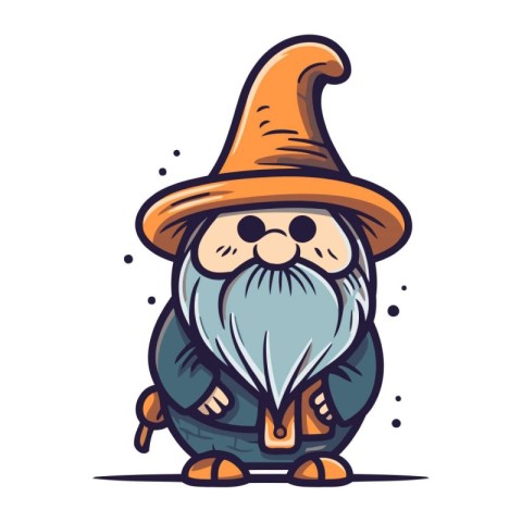 Funny cartoon gnome in a witch costume. Vector illustration.