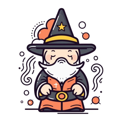 Wizard with magic wand. Vector illustration in line art style.