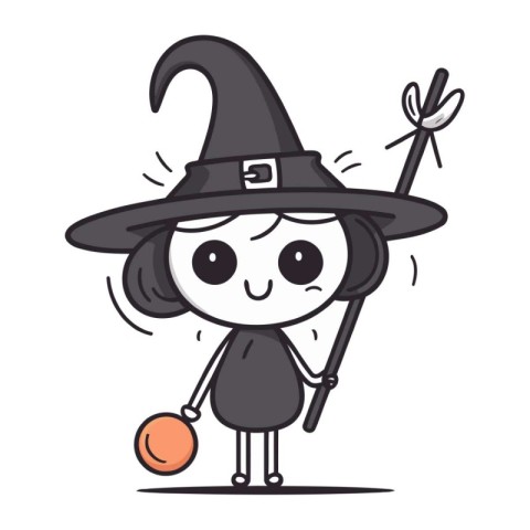 cute cartoon witch with magic wand and ball. vector illustration