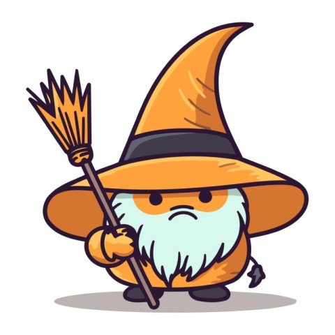 Witch with broom cartoon character vector illustration. Cute car