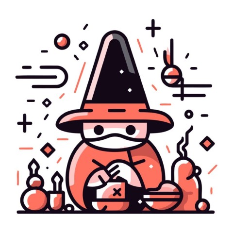 Halloween vector illustration in flat line style. Cute witch wit