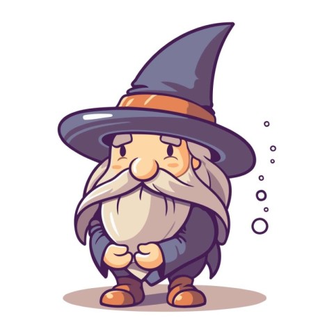 Cartoon wizard in hat and cloak. Vector illustration on white ba