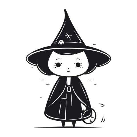 Cute cartoon witch with a broomstick. Halloween vector illustrat