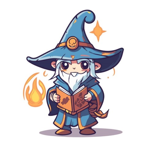 Witch reading a book. Cute cartoon character. Vector illustratio