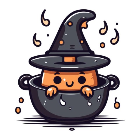 Cute Halloween witch cauldron with smiling face. Vector illustra