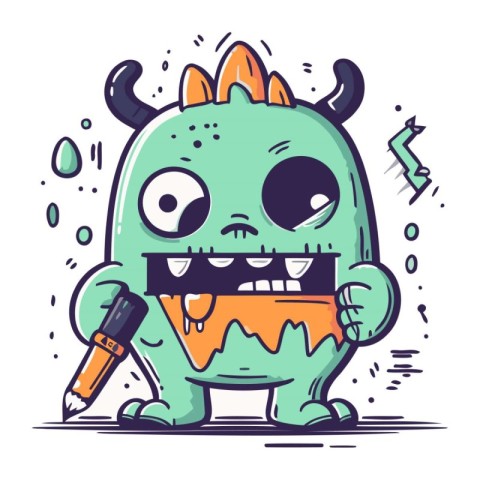 Funny monster with pencil. Vector illustration in flat cartoon s