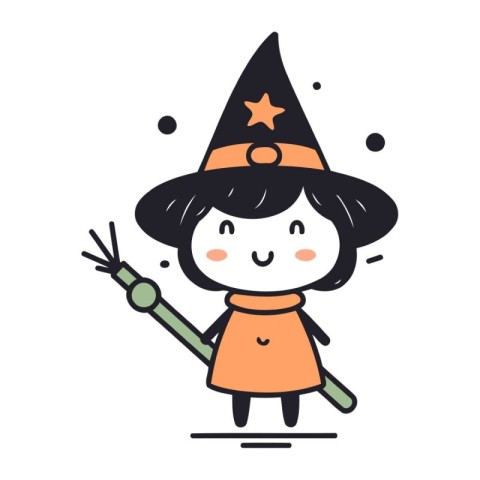 Cute witch with magic wand. Vector illustration in doodle style