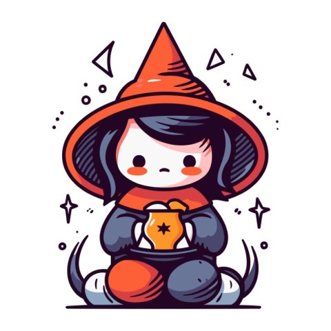 Cute little witch sitting and holding a cup. Vector illustration