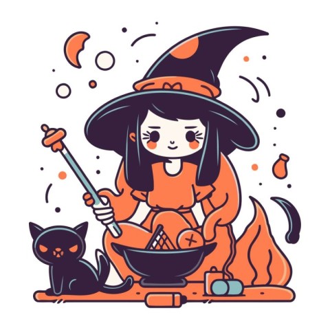 Cute little witch cooking potion. Vector illustration in cartoon