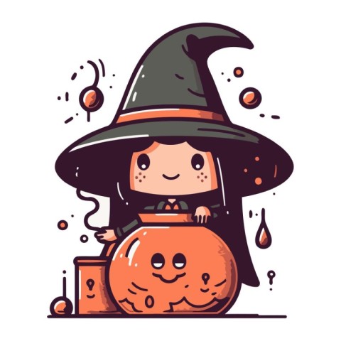 Cute little witch with a pot of potion. Vector illustration.