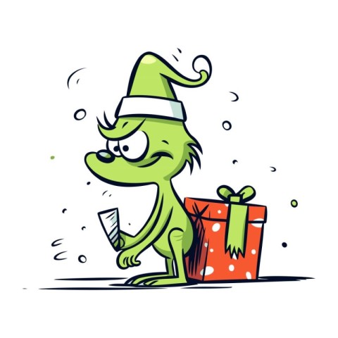 Funny cartoon monster in a green hat with a gift. Vector illustr